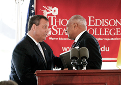 N.J. Gov. Christie is welcomed by Thomas Edison State College President George A. Pruitt